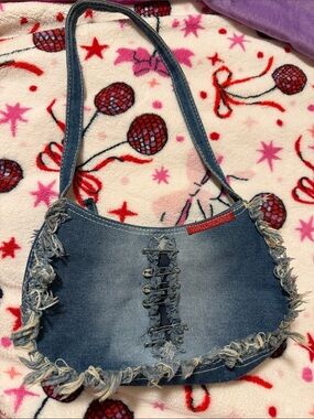 VTG Wallflower Grunge Denim Safety Pin Shoulder Bag - Y2K Frayed Hobo